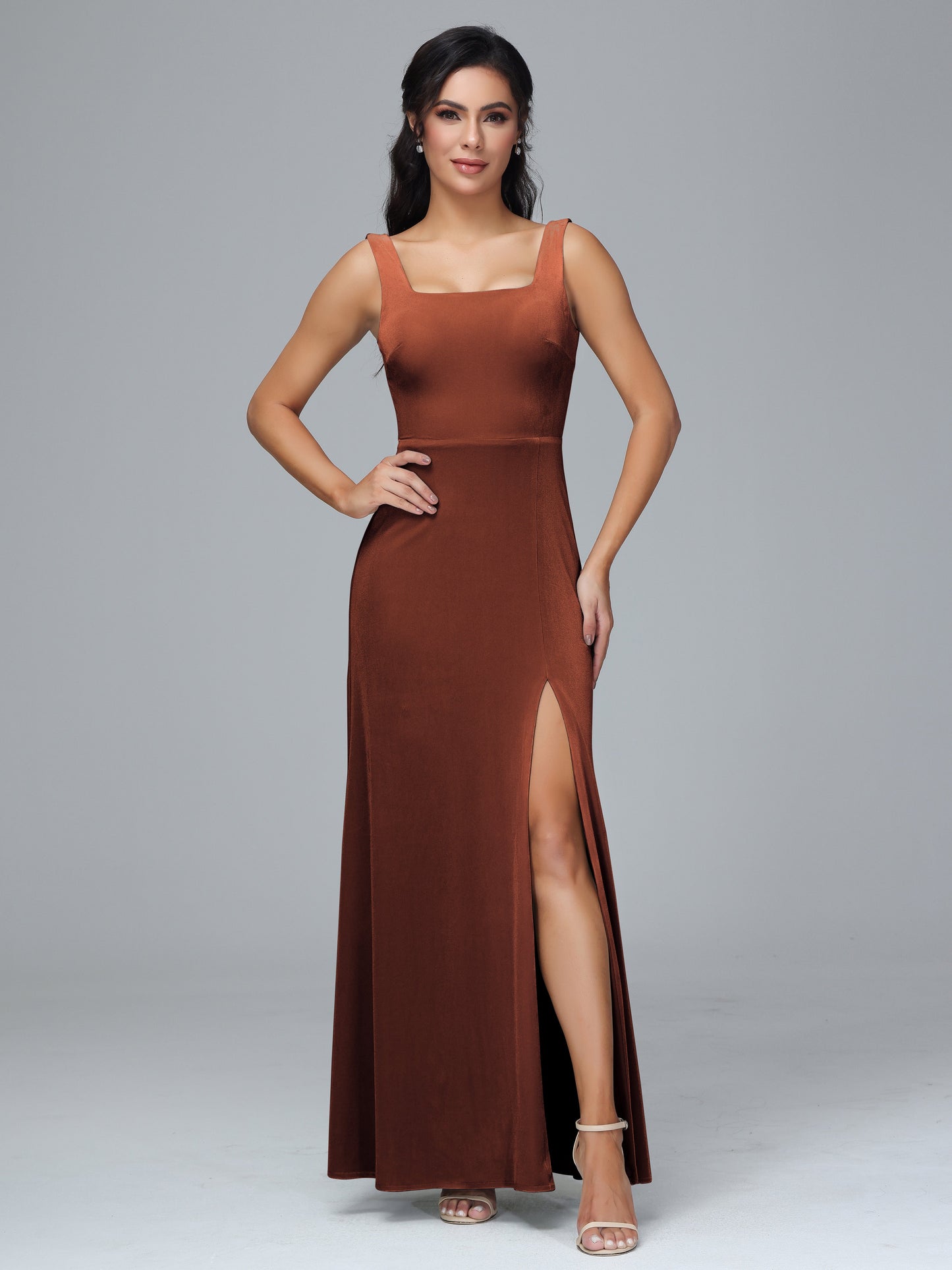 Square Neck Plus Size Velvet Bridesmaid Dress With Slit
