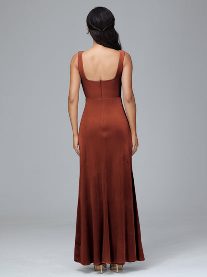 Square Neck Plus Size Velvet Bridesmaid Dress With Slit