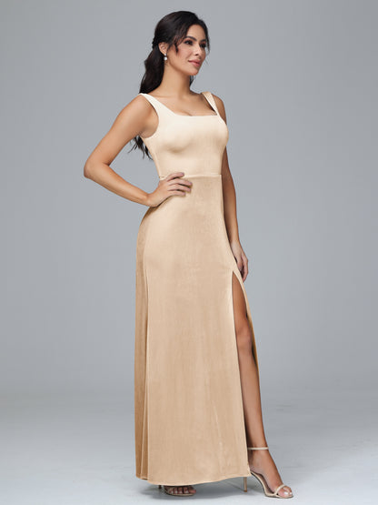 Square Neck Plus Size Velvet Bridesmaid Dress With Slit