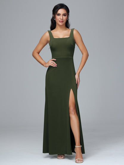 Square Neck Plus Size Velvet Bridesmaid Dress With Slit