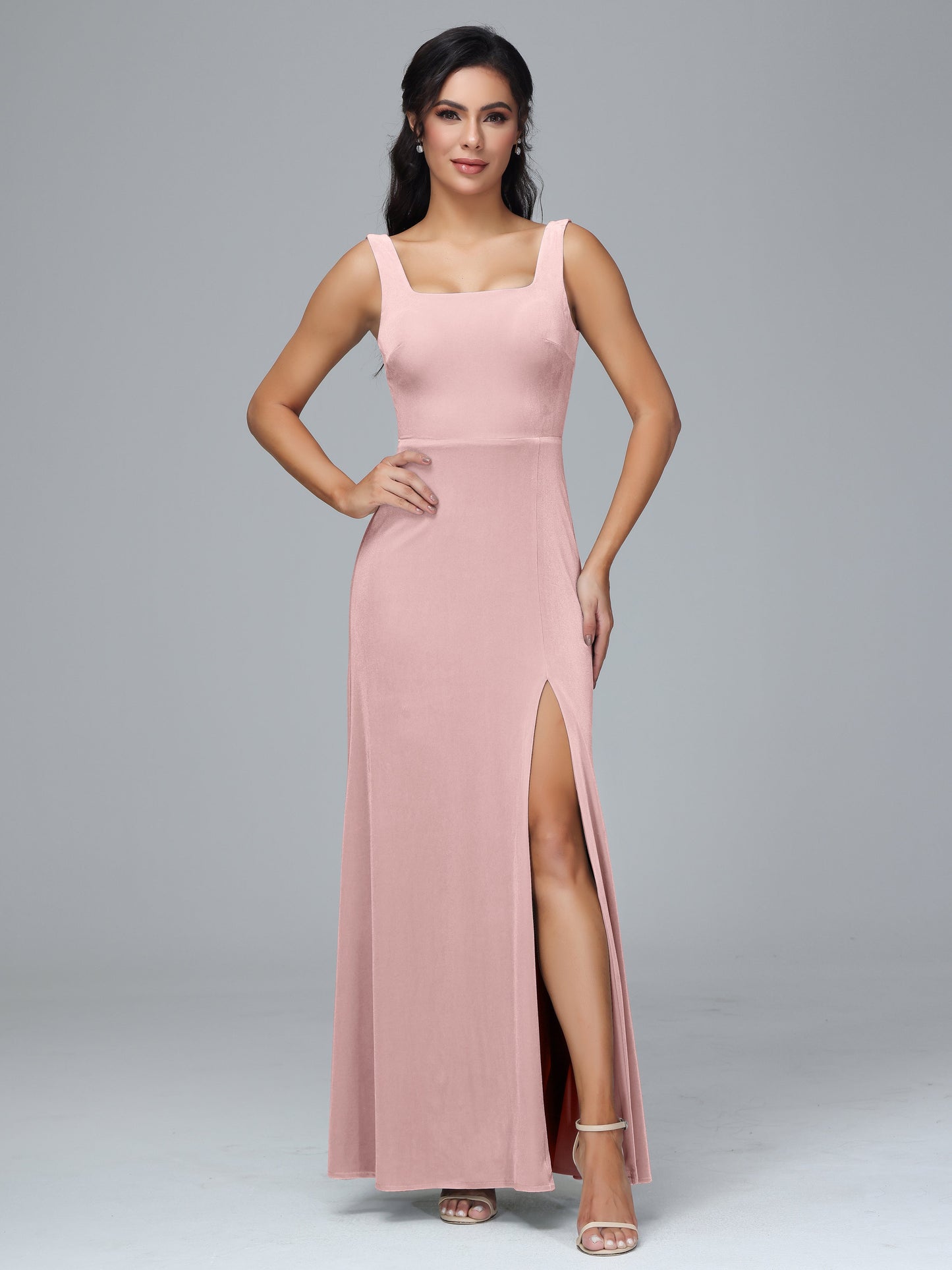 Square Neck Velvet Bridesmaid Dress With Slit
