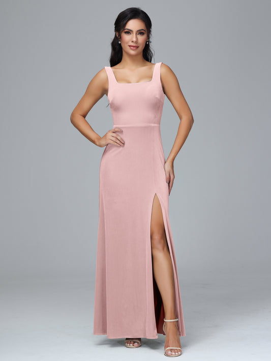 Square Neck Plus Size Velvet Bridesmaid Dress With Slit