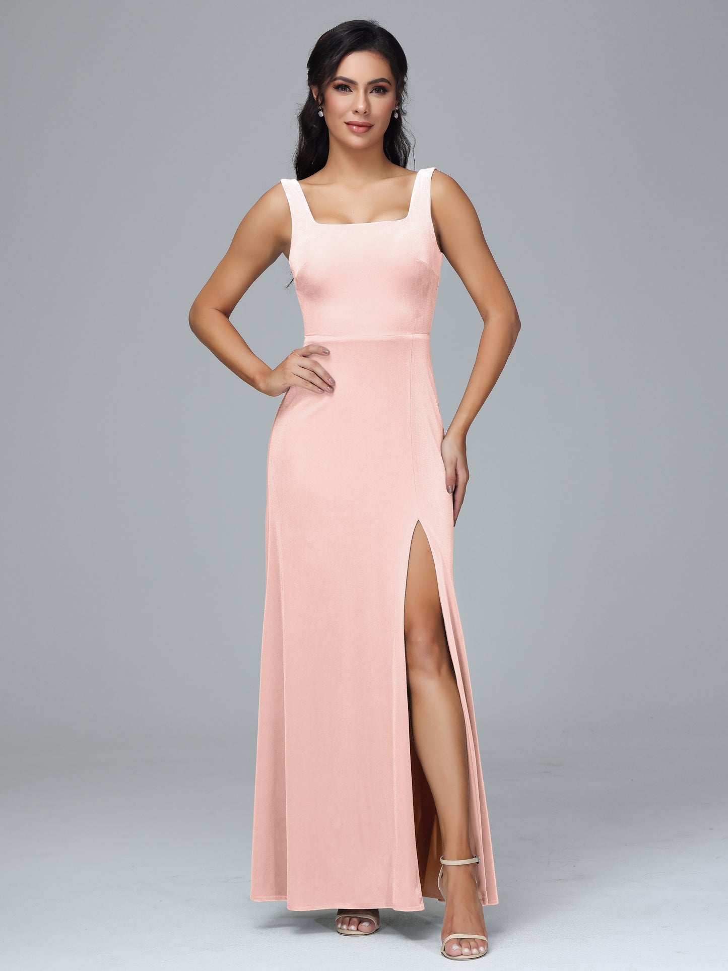 Square Neck Velvet Bridesmaid Dress With Slit