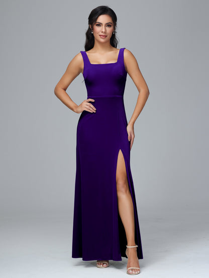 Square Neck Plus Size Velvet Bridesmaid Dress With Slit