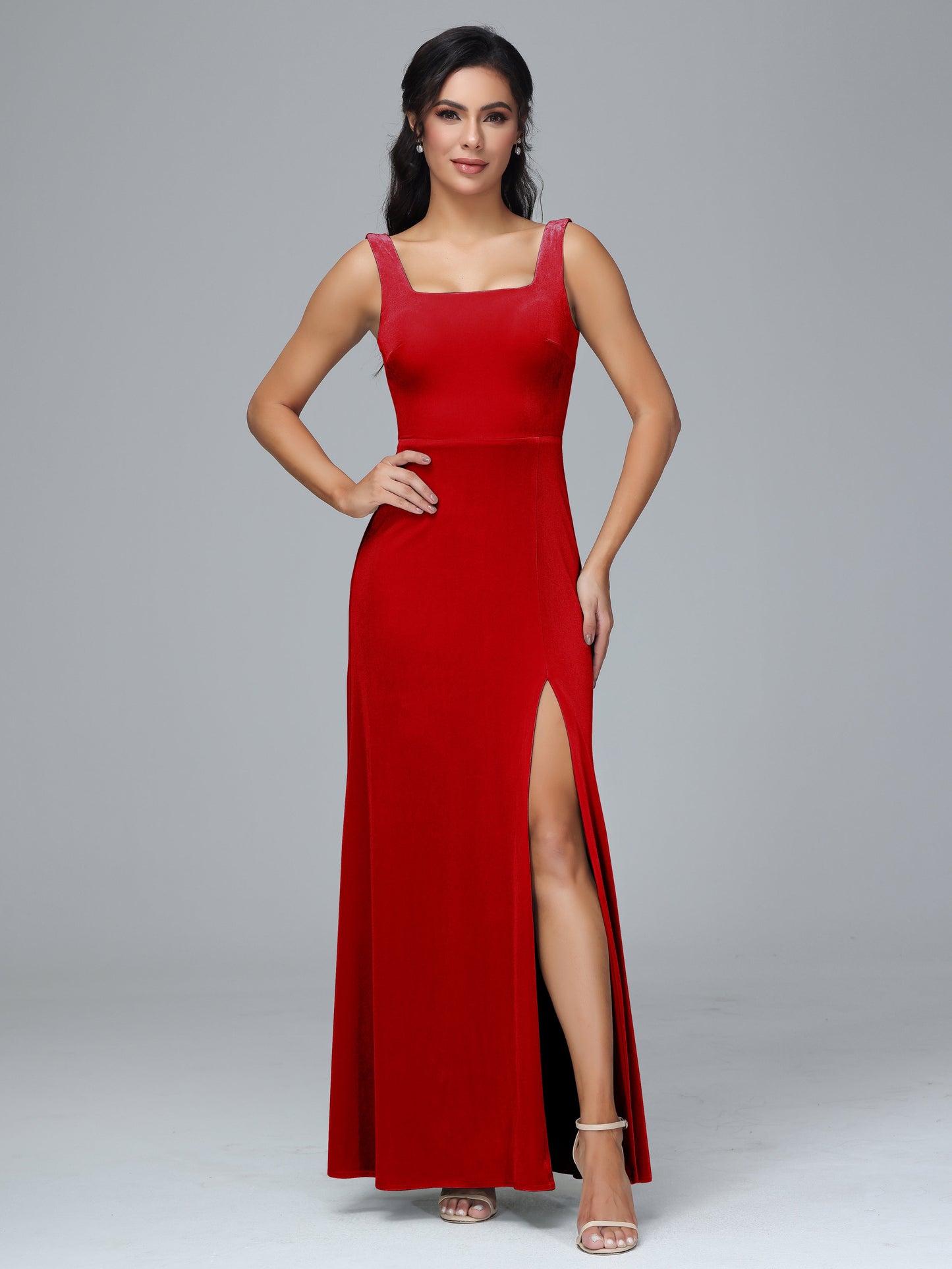 Square Neck Velvet Bridesmaid Dress With Slit