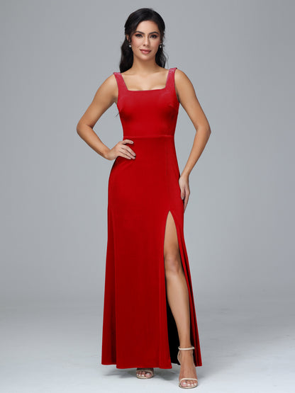 Square Neck Plus Size Velvet Bridesmaid Dress With Slit