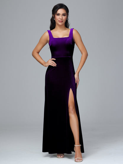 Square Neck Plus Size Velvet Bridesmaid Dress With Slit