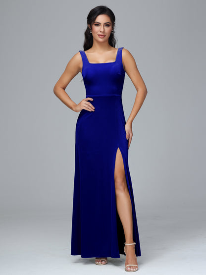 Square Neck Plus Size Velvet Bridesmaid Dress With Slit