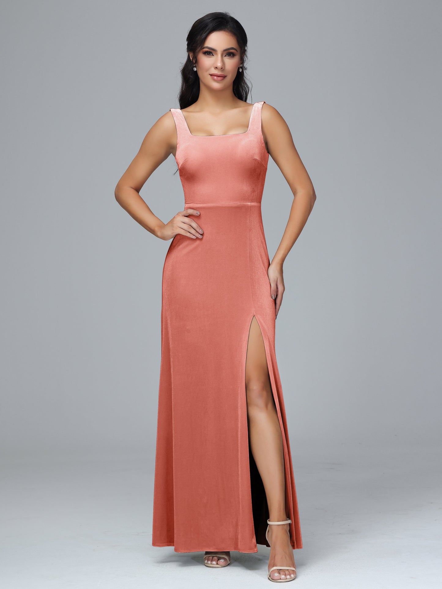 Square Neck Plus Size Velvet Bridesmaid Dress With Slit