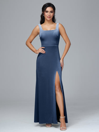 Square Neck Plus Size Velvet Bridesmaid Dress With Slit