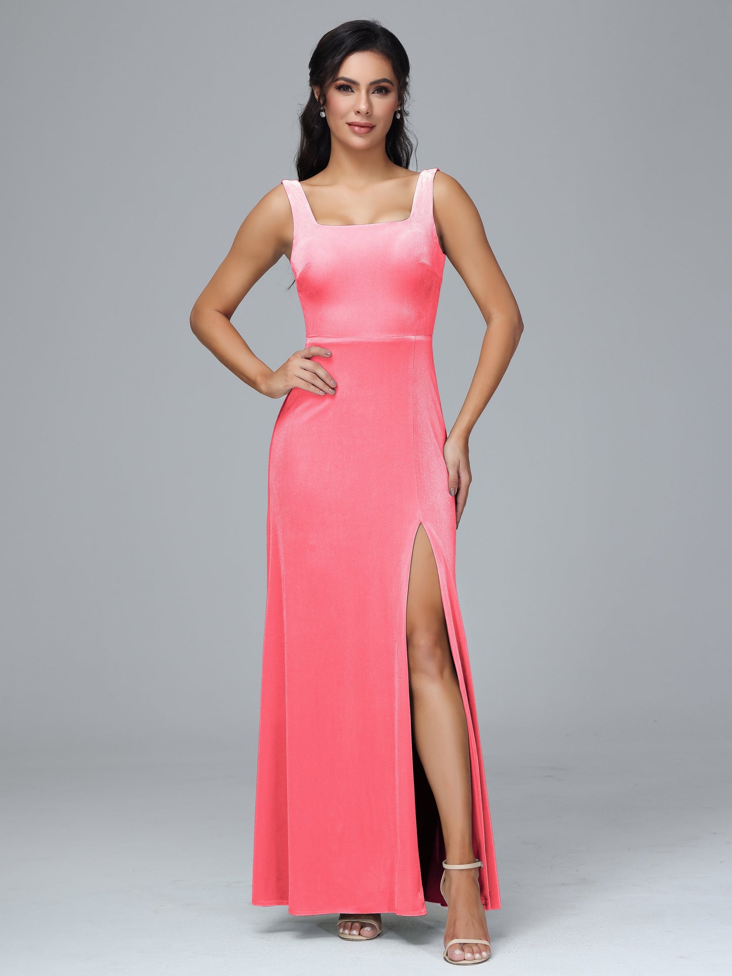 Square Neck Plus Size Velvet Bridesmaid Dress With Slit