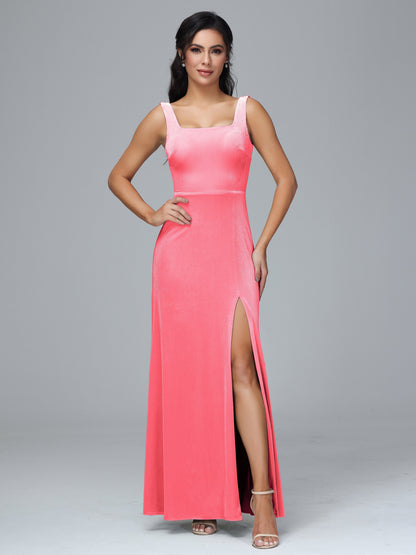 Square Neck Plus Size Velvet Bridesmaid Dress With Slit
