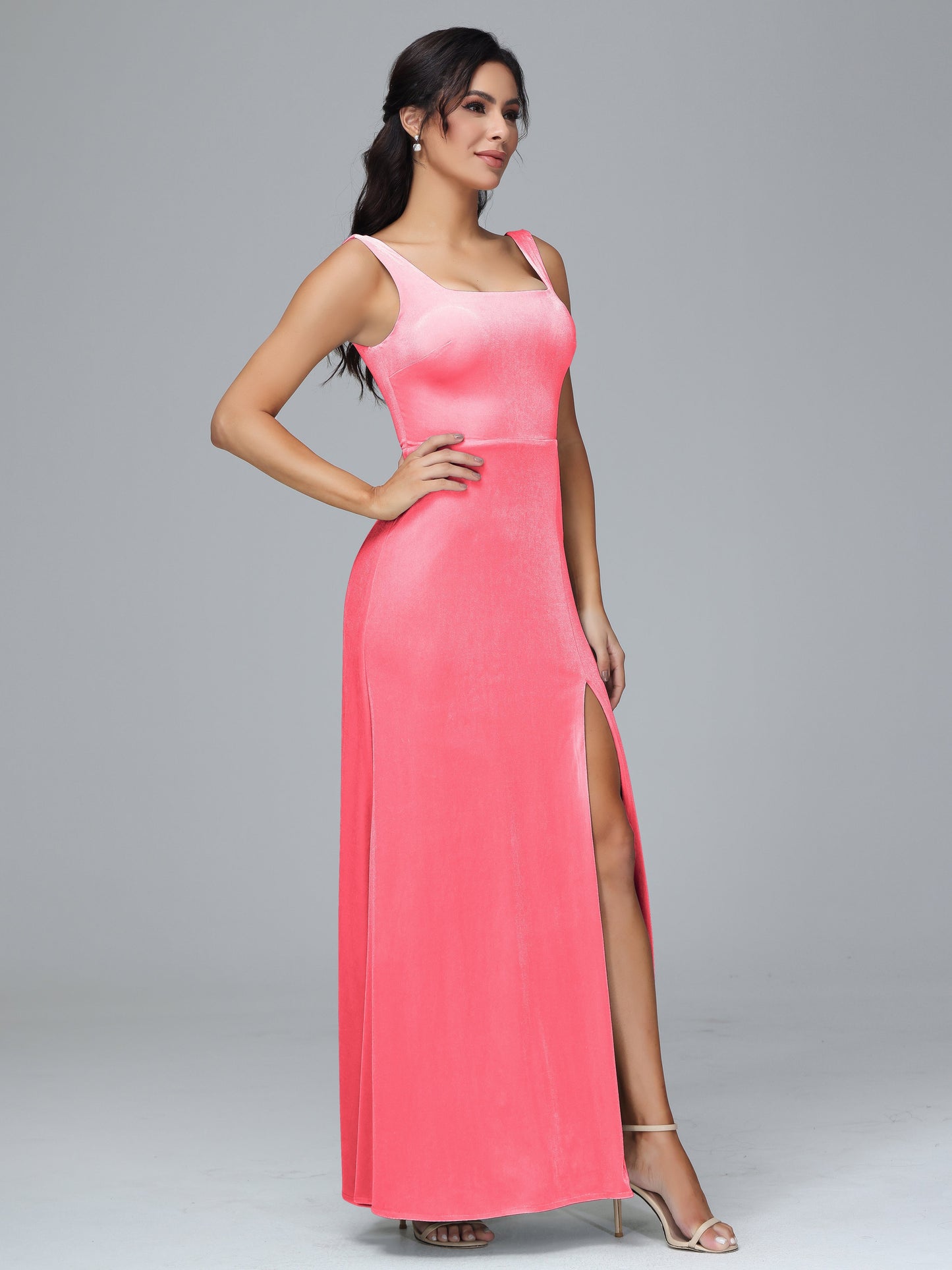 Square Neck Plus Size Velvet Bridesmaid Dress With Slit