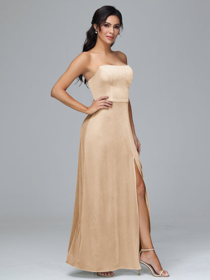 Strapless Plus Size Velvet Bridesmaid Dress With Slit