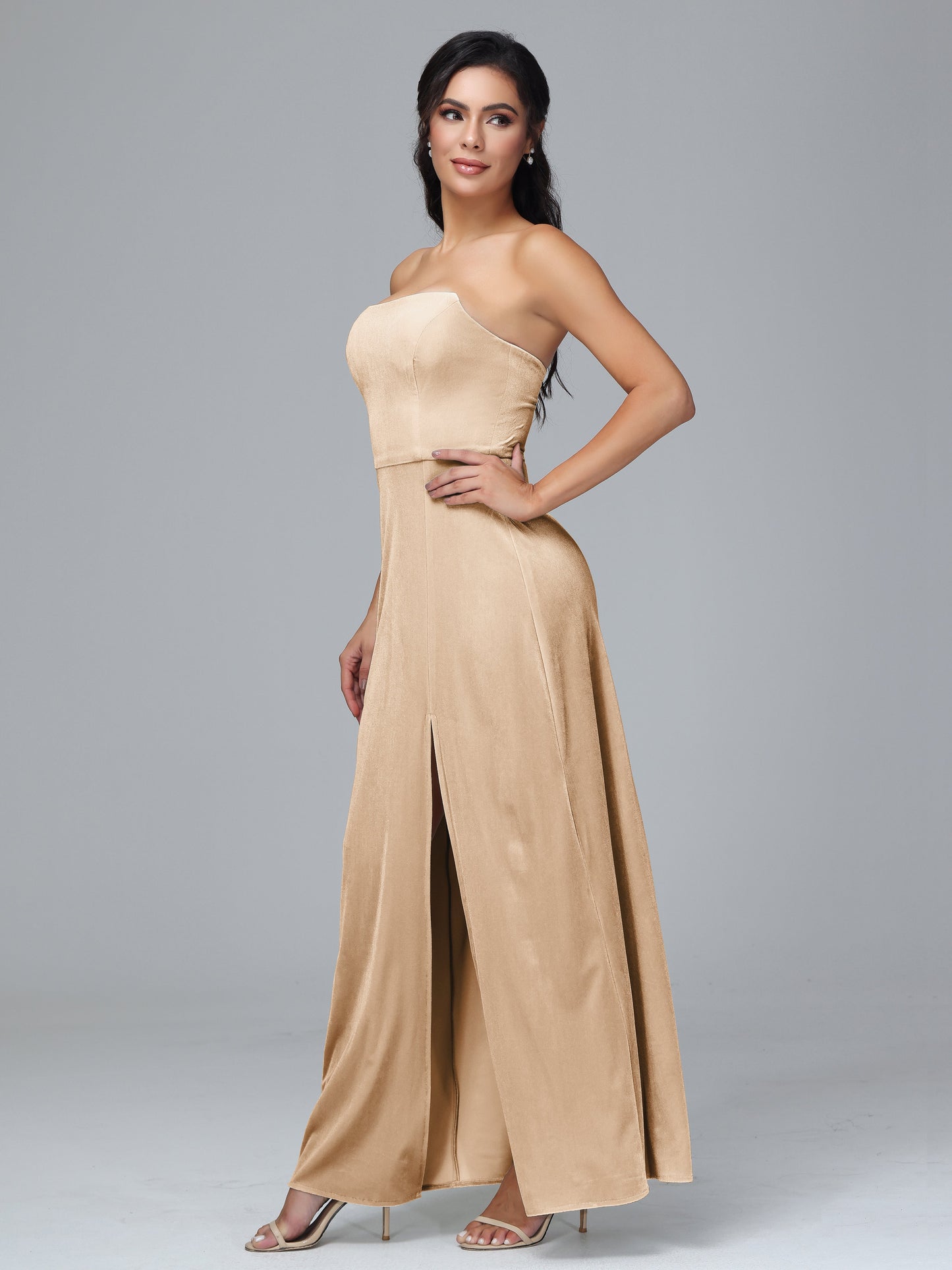 Strapless Plus Size Velvet Bridesmaid Dress With Slit