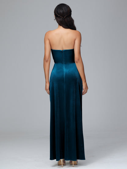 Strapless Plus Size Velvet Bridesmaid Dress With Slit