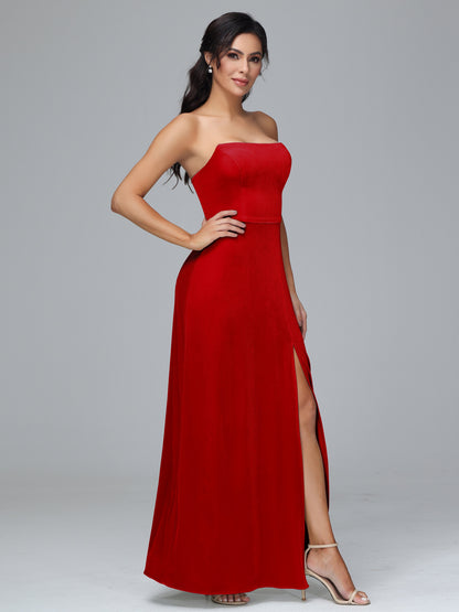 Strapless Plus Size Velvet Bridesmaid Dress With Slit