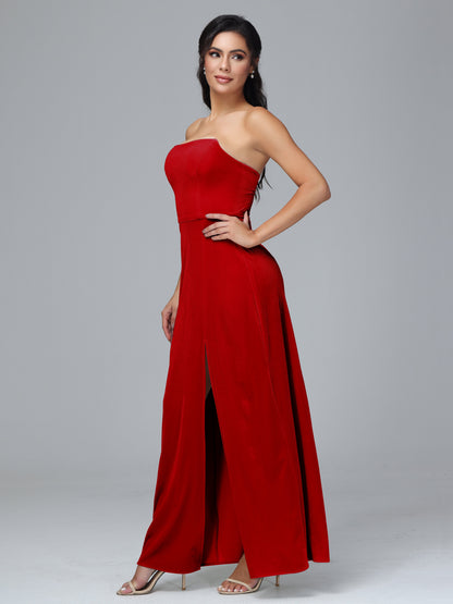 Strapless Plus Size Velvet Bridesmaid Dress With Slit