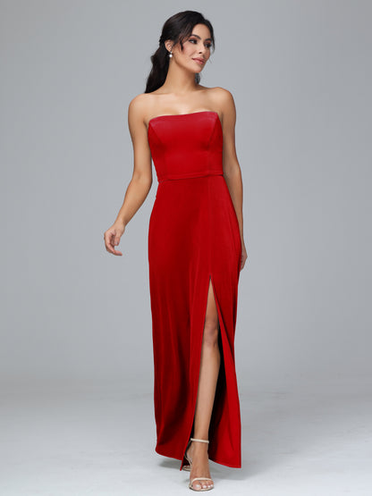 Strapless Plus Size Velvet Bridesmaid Dress With Slit