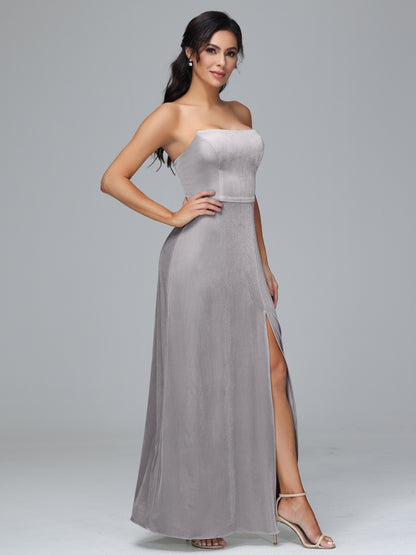 Strapless Plus Size Velvet Bridesmaid Dress With Slit