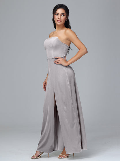 Strapless Plus Size Velvet Bridesmaid Dress With Slit