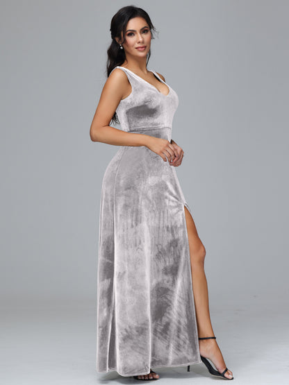 Straps V Neck Bridesmaid Dress With Slit
