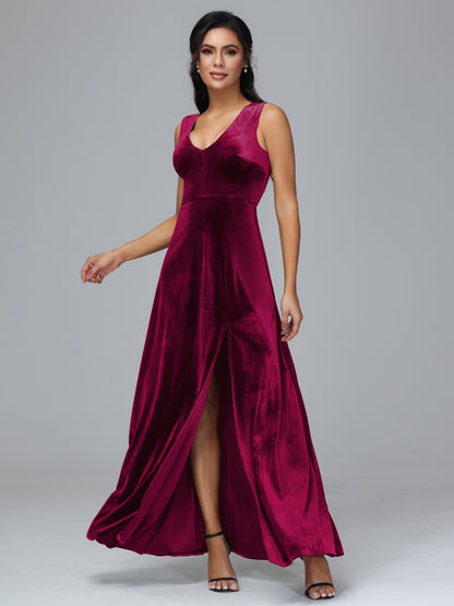 Straps V Neck Bridesmaid Dress With Slit