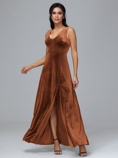 Straps V Neck Bridesmaid Dress With Slit