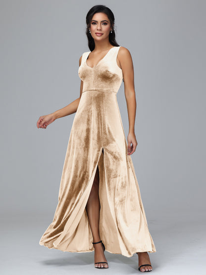 Straps V Neck Bridesmaid Dress With Slit