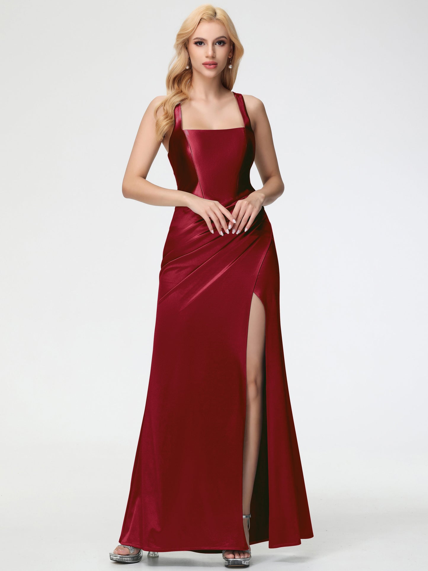 Burgundy Bridesmaid Dresses Straps Ruched Floor Length Sheath Bridesmaid Dress With Slit