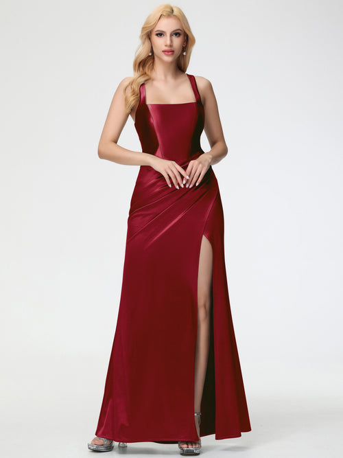 Burgundy Bridesmaid Dresses Straps Ruched Floor Length Sheath Bridesmaid Dress With Slit