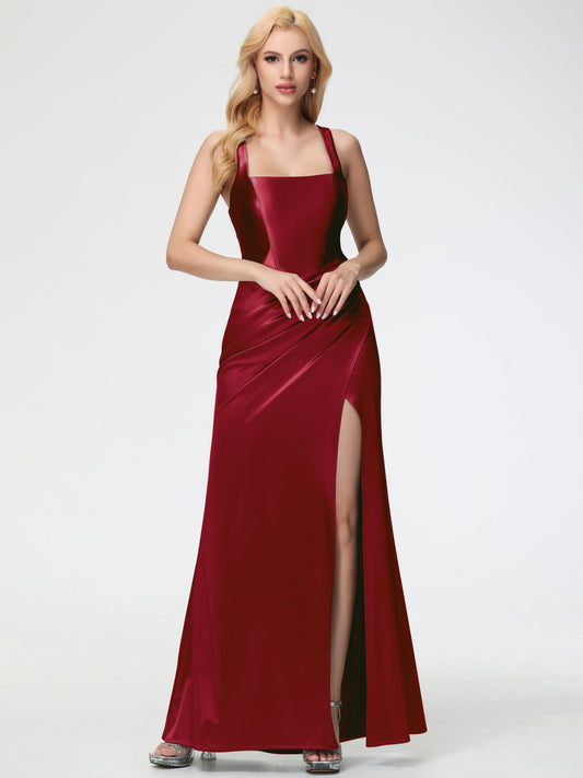 Burgundy Bridesmaid Dresses Straps Ruched Floor Length Sheath Bridesmaid Dress With Slit