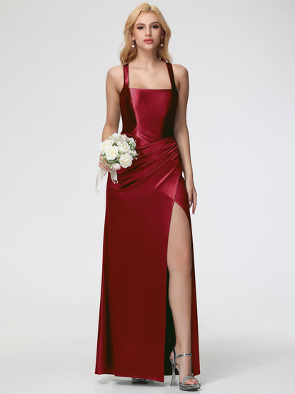 Burgundy Bridesmaid Dresses Straps Ruched Floor Length Sheath Bridesmaid Dress With Slit