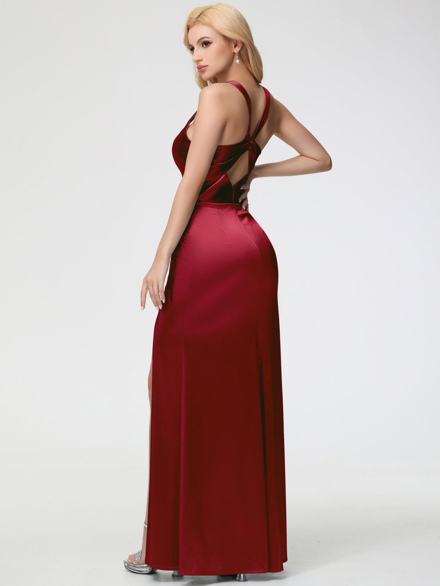 Burgundy Bridesmaid Dresses Straps Ruched Floor Length Sheath Bridesmaid Dress With Slit