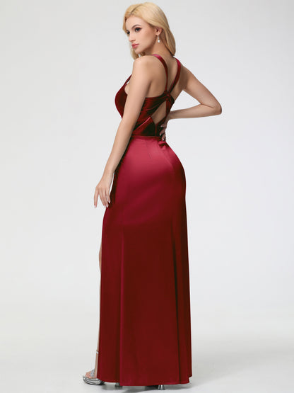 Burgundy Bridesmaid Dresses Straps Ruched Floor Length Sheath Bridesmaid Dress With Slit