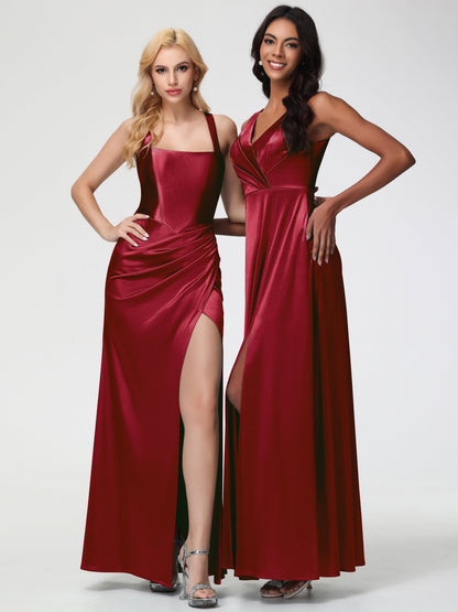 Burgundy Bridesmaid Dresses Straps Ruched Floor Length Sheath Bridesmaid Dress With Slit