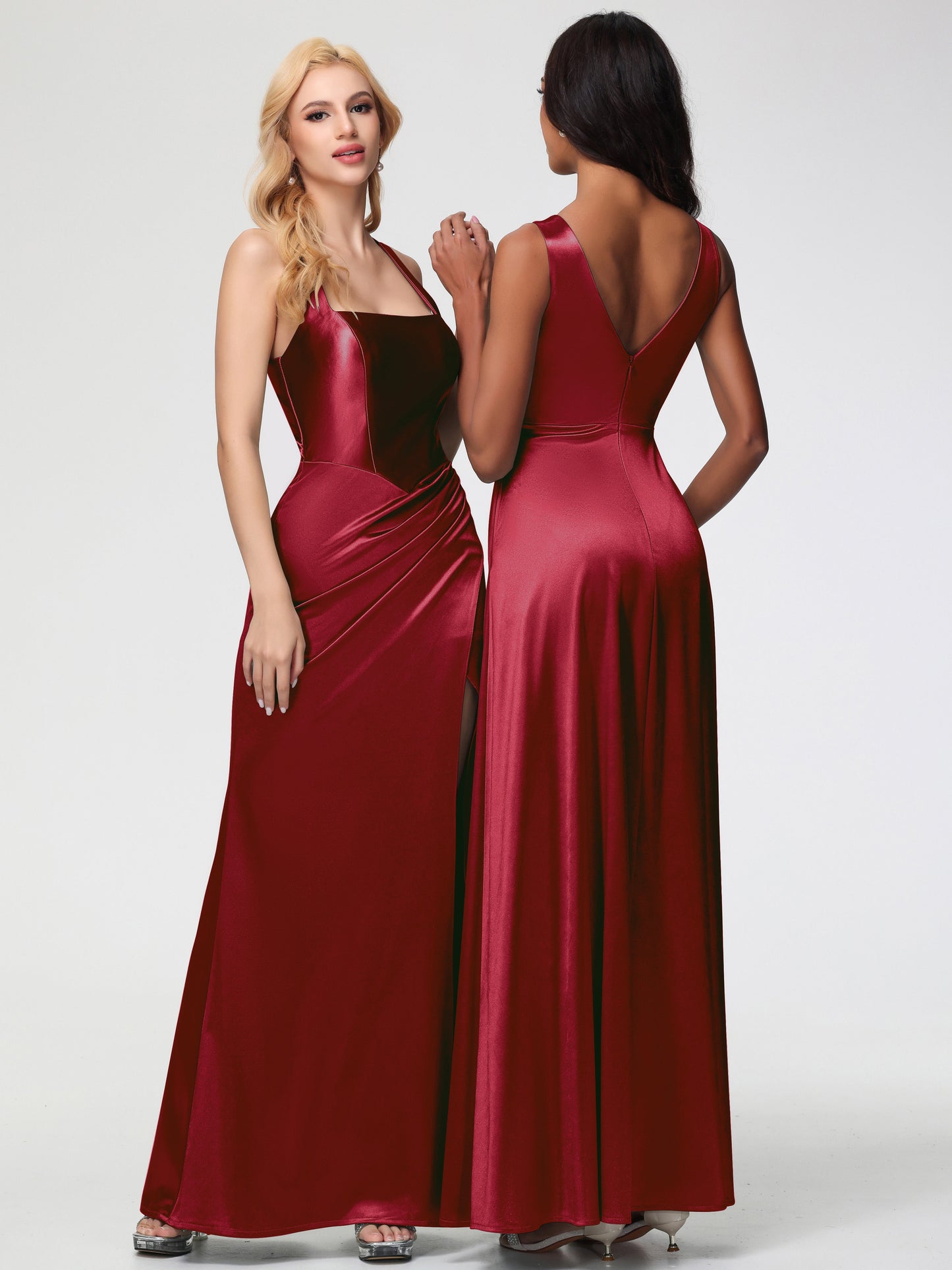 Burgundy Bridesmaid Dresses Straps Ruched Floor Length Sheath Bridesmaid Dress With Slit