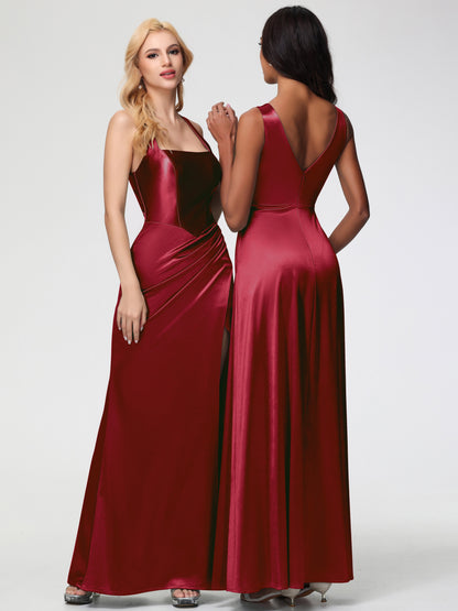 Burgundy Bridesmaid Dresses Straps Ruched Floor Length Sheath Bridesmaid Dress With Slit