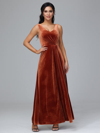 V Neck A Line Plus Size Velvet Bridesmaid Dress With Slit