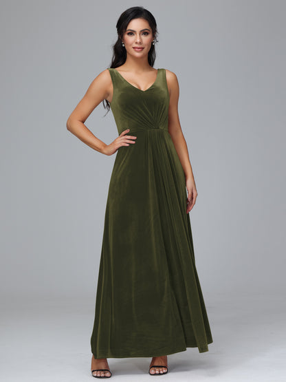 V Neck A Line Plus Size Velvet Bridesmaid Dress With Slit