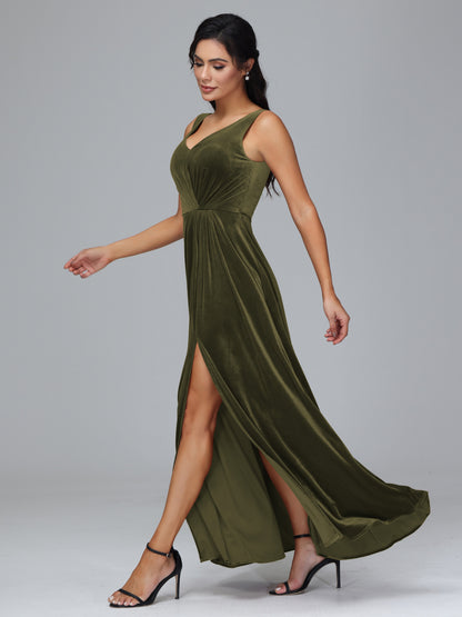 V Neck A Line Plus Size Velvet Bridesmaid Dress With Slit