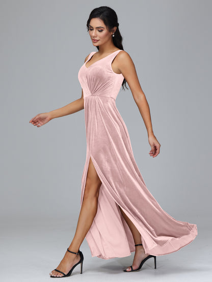 V Neck A Line Plus Size Velvet Bridesmaid Dress With Slit