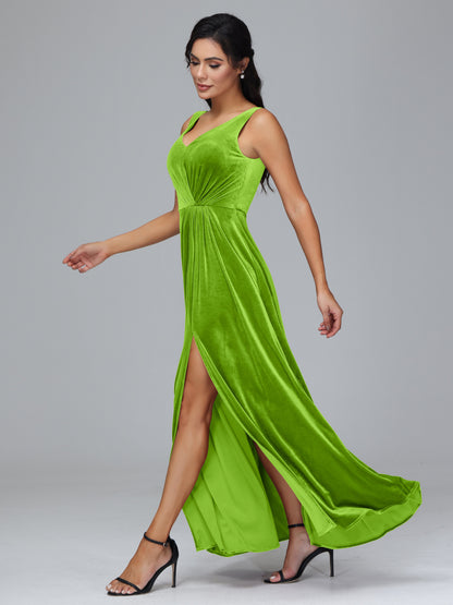 V Neck A Line Plus Size Velvet Bridesmaid Dress With Slit