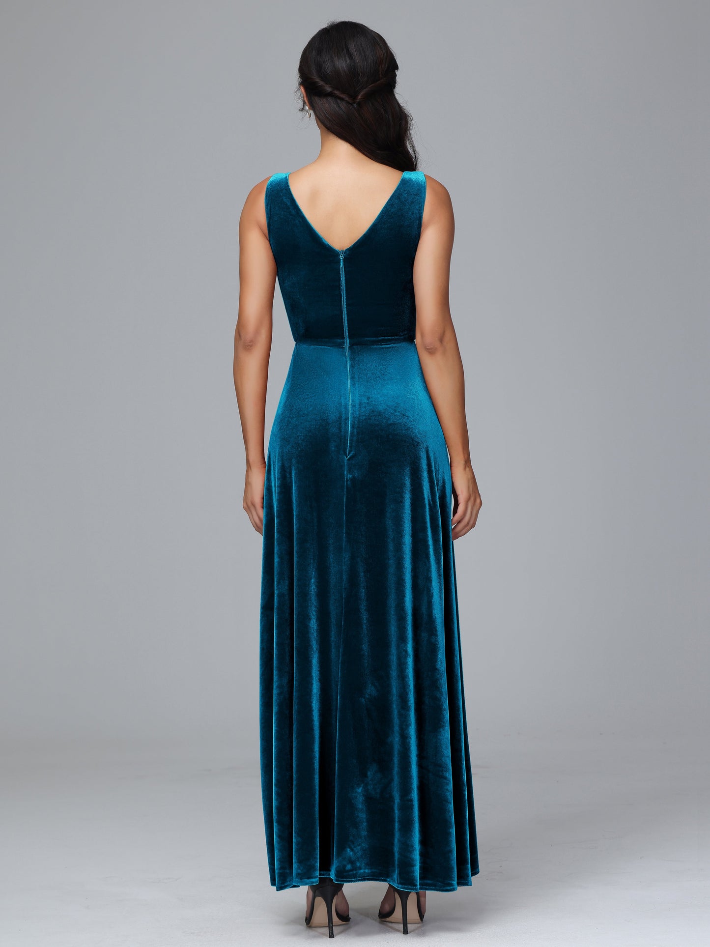 V Neck A Line Plus Size Velvet Bridesmaid Dress With Slit