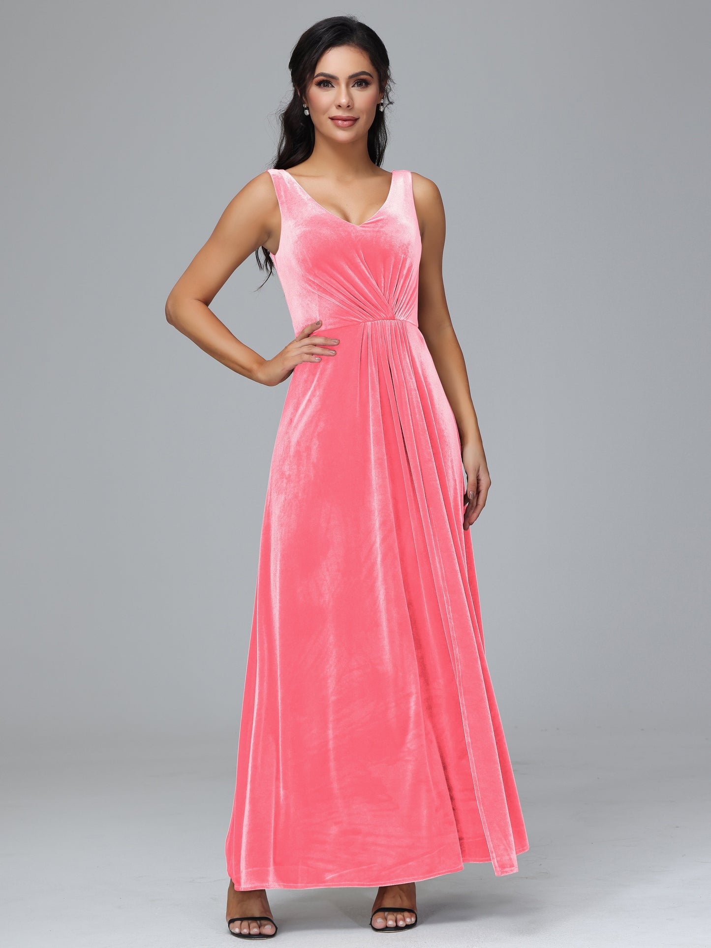 V Neck A Line Plus Size Velvet Bridesmaid Dress With Slit