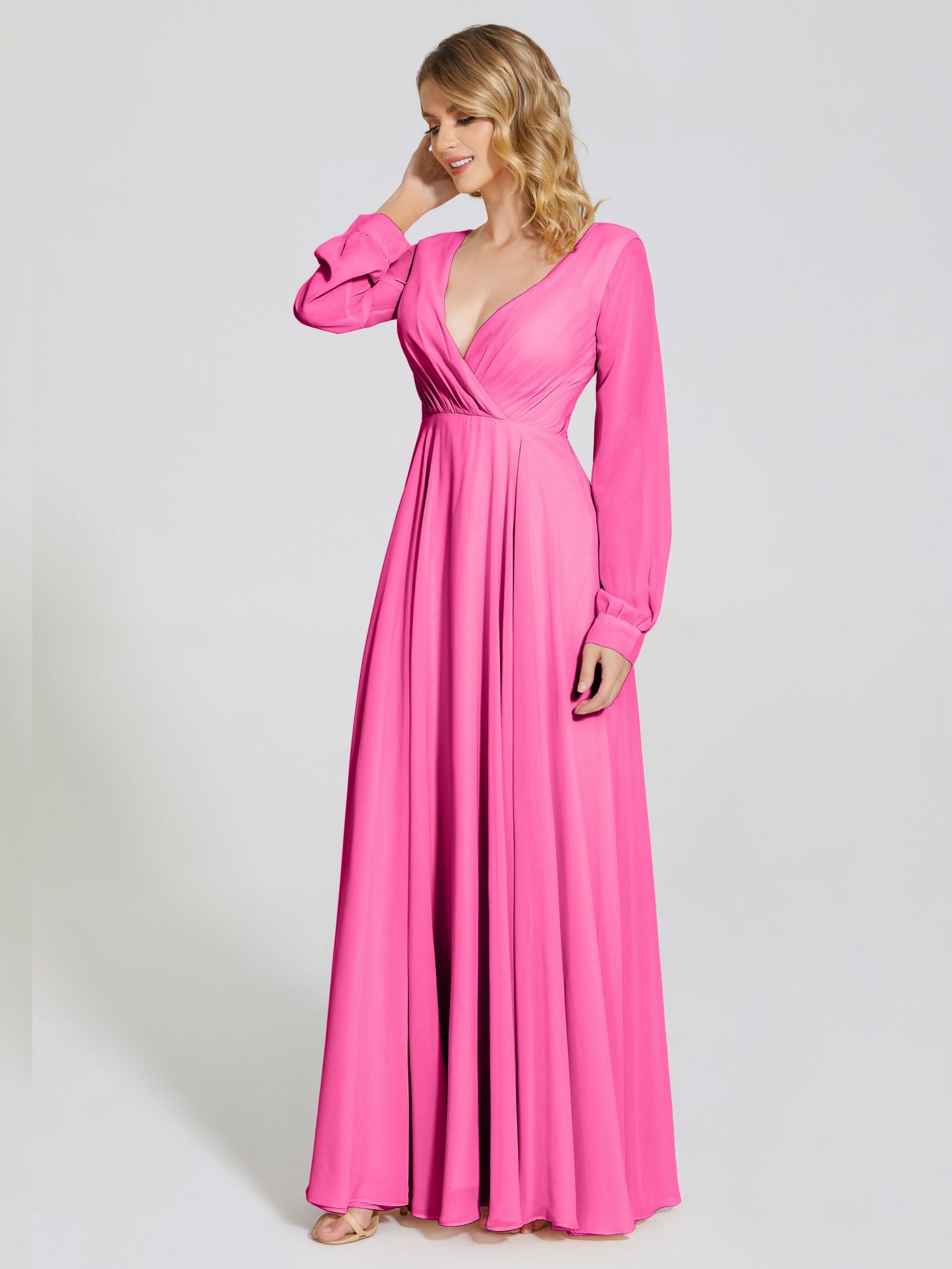 Cicinia Raegan V Neck Chiffon Bridesmaid Dress With Sleeves