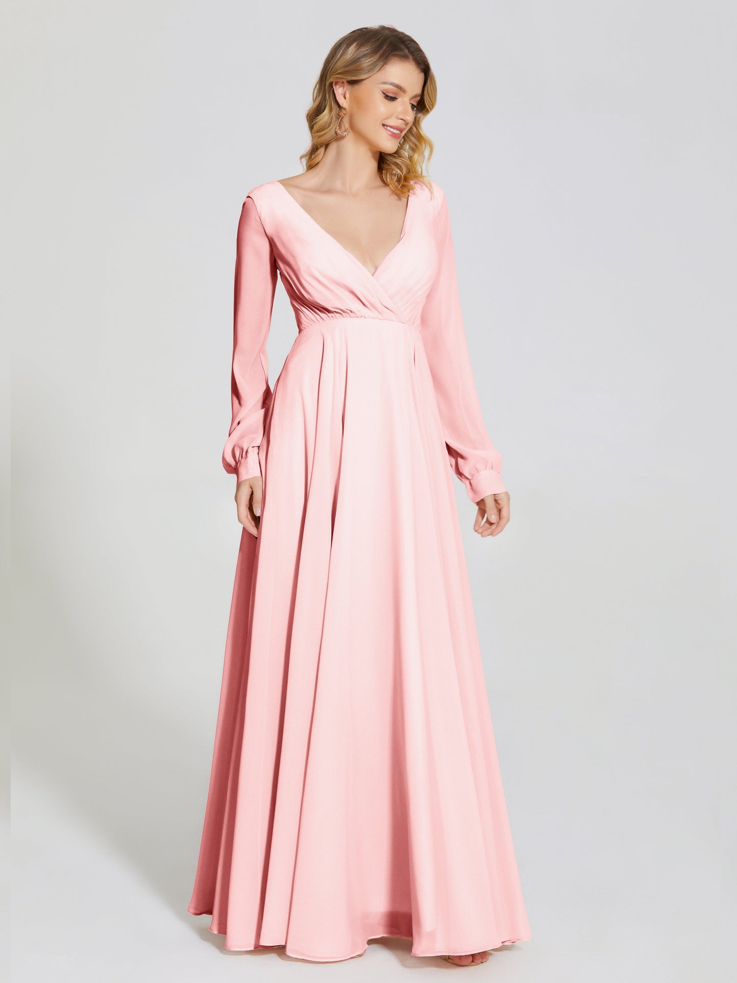 Cicinia Raegan V Neck Chiffon Bridesmaid Dress With Sleeves