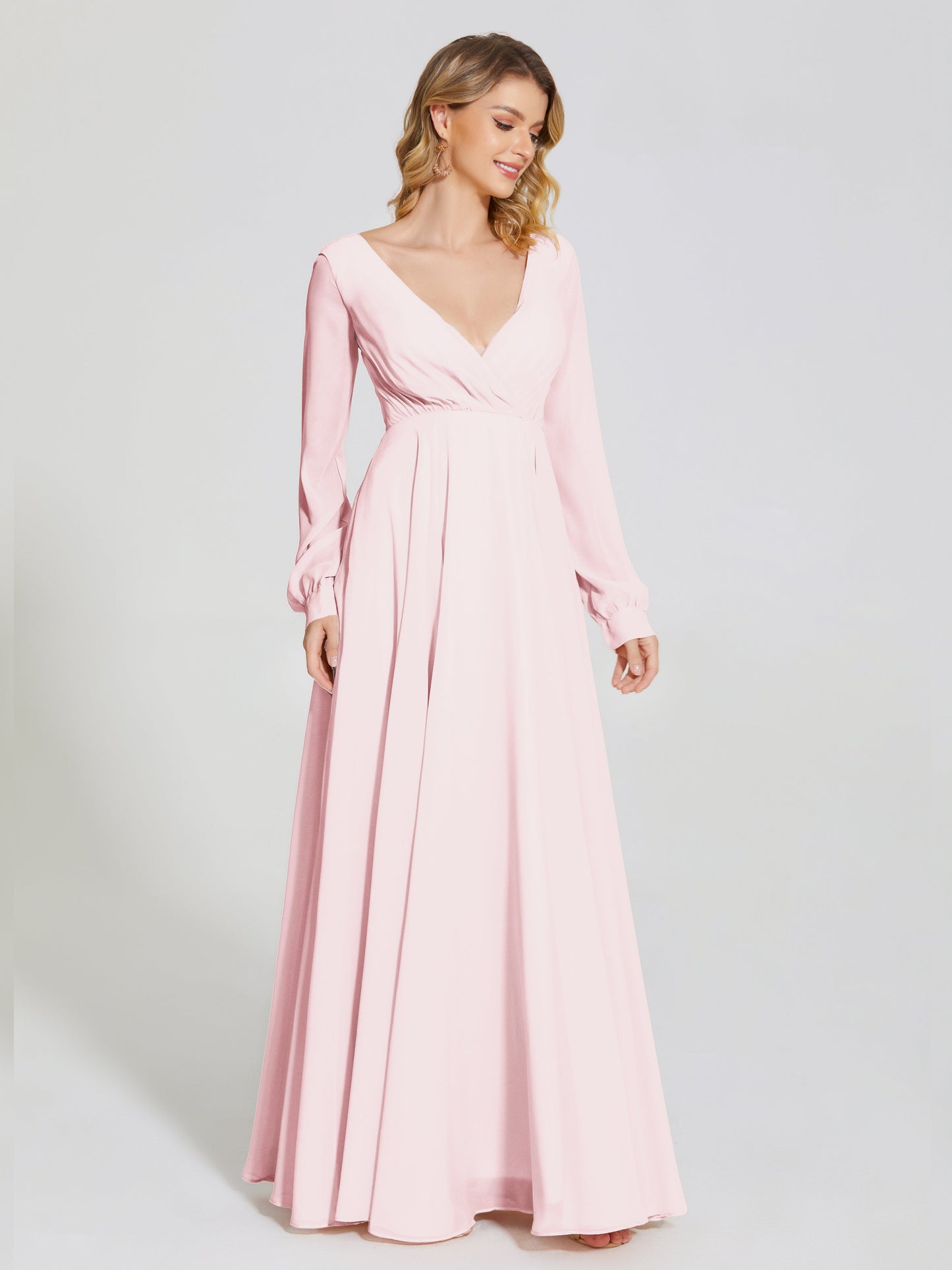 Cicinia Raegan V Neck Chiffon Bridesmaid Dress With Sleeves