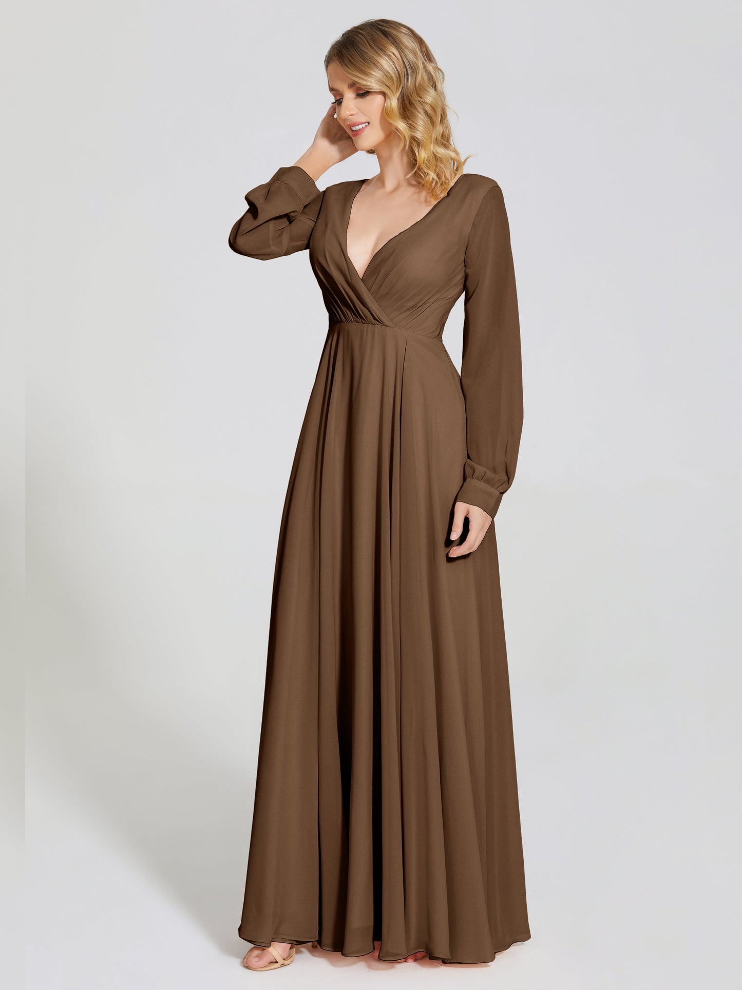 Cicinia Raegan V Neck Chiffon Bridesmaid Dress With Sleeves