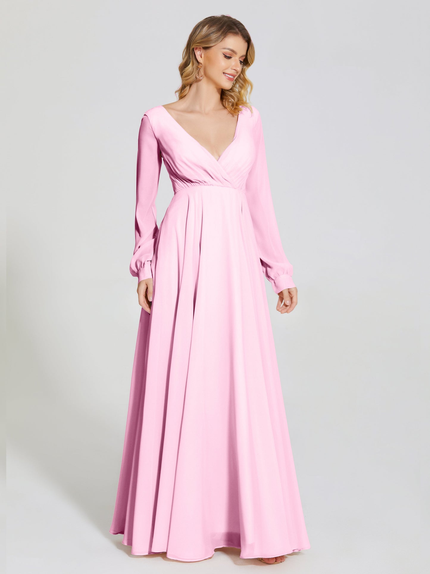 Cicinia Raegan V Neck Chiffon Bridesmaid Dress With Sleeves